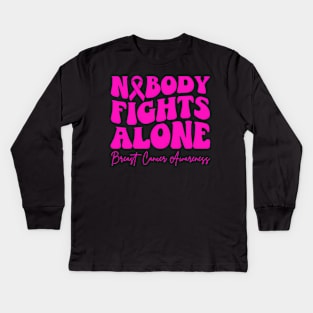 Groovy Retro Nobody Fights Alone Breast Cancer Awareness Kids Long Sleeve T-Shirt